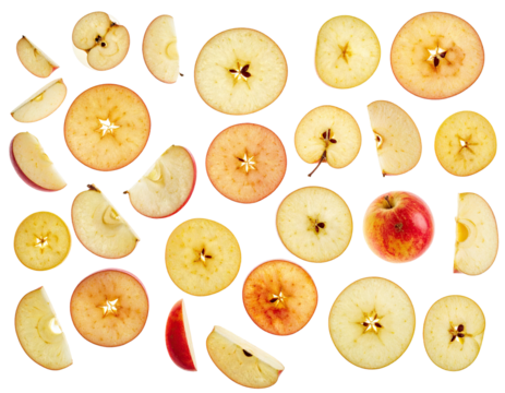 Sliced and quartered fruit arrangement, mostly circles and segments, on black