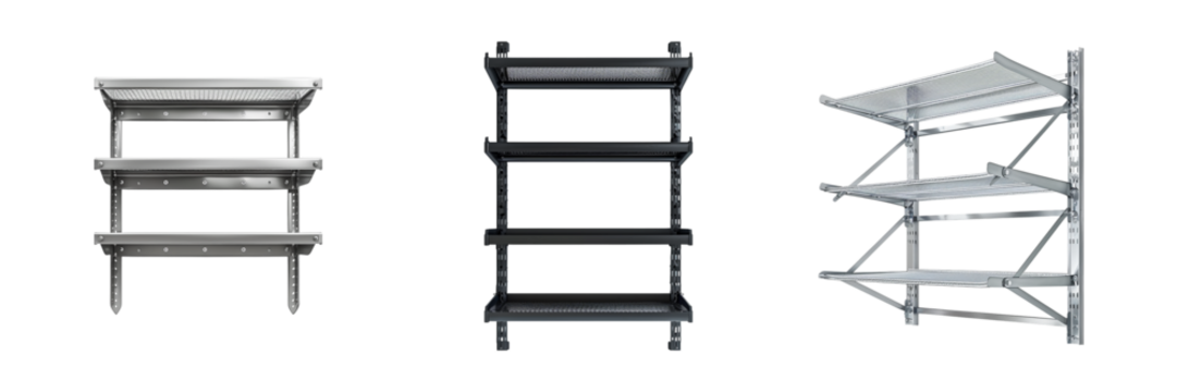 Images of foldable shelf units with metal grating shelves frames