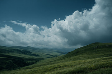 Fototapeta premium Rolling green hills with dramatic clouds, spring renewal mood, cinematic perspective