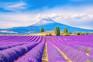 Lavender fields stretch to a mountain peak under a vibrant sky