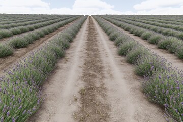 Lavender field with rows converging to a central path