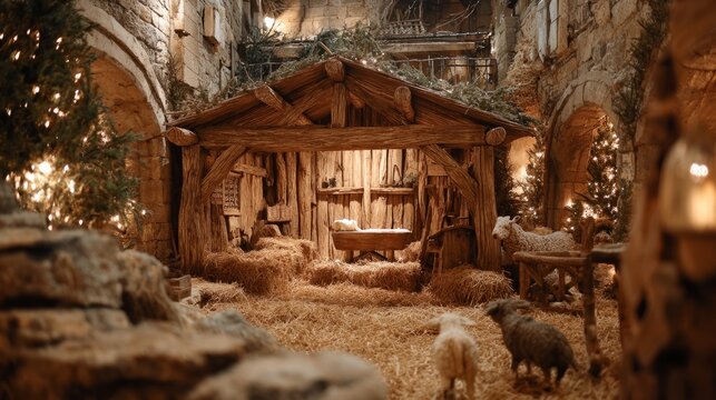 Peaceful christmas nativity scene in bethlehem featuring the stable with holy family, warm glowing lights, and starry night sky symbolizing the birth of jesus and the spirit of christmas celebration