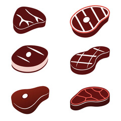 Six stylized beef steaks in isometric view on white background meat food