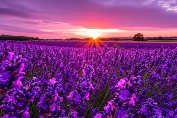Vibrant sunset over a vast lavender field