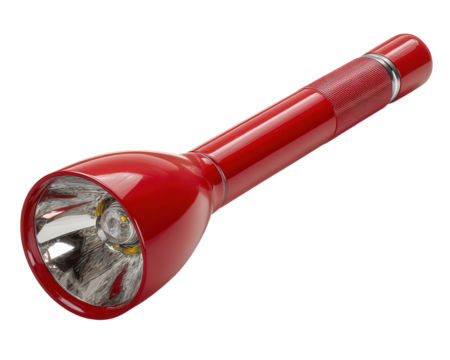 Red heavy duty flashlight, an essential emergency tool for light during power outage. This isolated object provides feeling of safety and preparedness for any situation