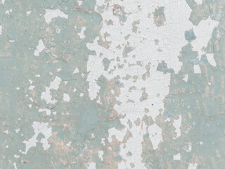 Green peeling paint on the wall. Old concrete wall with cracked flaking paint. Weathered rough painted surface with patterns of cracks and peeling. High resolution texture for background and design.
