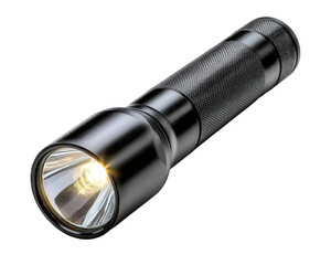 High powered black metal flashlight or torch with bright beam of light. This security gear and powerful tool for illumination and safety, isolated on transparency background