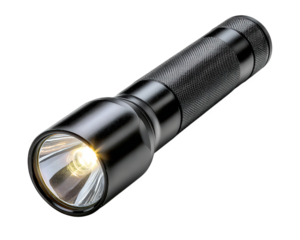 High powered black metal flashlight or torch with bright beam of light. This security gear and powerful tool for illumination and safety, isolated on transparency background
