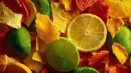 Vibrant citrus fruits and colorful dried peels, fresh lime and lemon slices close-up background