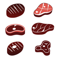 Six stylized raw meat steak icons in dark red and pink tones food beef