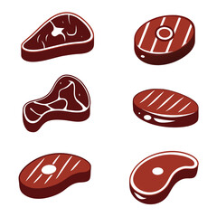 Six stylized raw beef steaks with marbling and grill marks on white background meat food