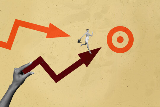 Collage with person observing rising arrow symbolizing startup growth business income statistics trading decrease increase