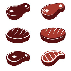 Six stylized red meat steaks with white highlights on white background beef food
