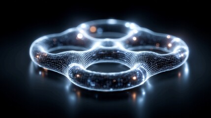 Abstract digital sphere with glowing particles and wireframe mesh, representing complex data, technology, or scientific concepts in a dark, futuristic environment.