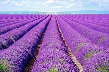 Lavender fields stretching to horizon, rows of vibrant purple blossoms