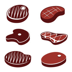 Six stylized red meat steaks with white outlines on a white background food beef