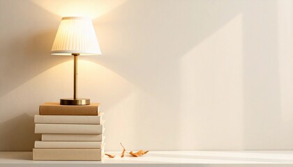 Cozy reading nook ambiance with a warm glowing lamp illuminating a stack of vintage books and autumn leaves on a clean white shelf