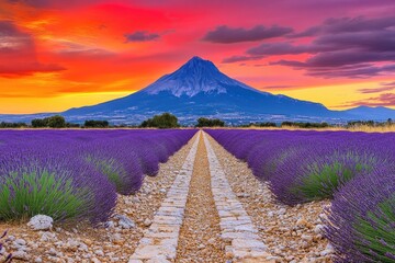 A path through a vibrant lavender field, leading to a majestic volcano at sunrise