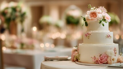 Fototapeta premium Medium shot of a wedding cake with delicate floral icing details in sharp focus while the softly blurred background highlights an elegant reception setting.
