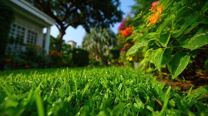 Fresh green lawn with morning dew and flowers in garden