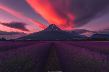 Epic lavender field at sunset, volcano in background