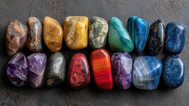 Collection of colorful polished gemstones and crystals
