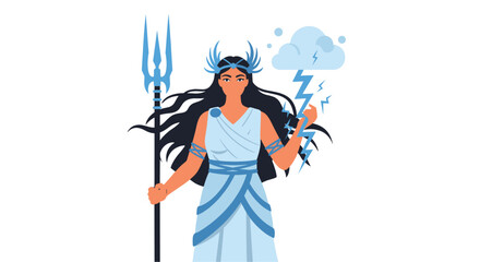 Powerful Illustration of a Greek Goddess Holding a Trident and Lighting Bolts, Isolated on a White Background, Perfect for Mythology-themed Projects.
