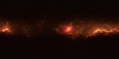 360 degree space nebula. Giant interstellar cloud with stars, equirectangular projection, environment map. Spherical panorama. 3D rendering, Fractal image