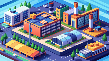 Fototapeta premium Isometric factory building vector with chimneys, rooftop, storage units, trees, 3D perspective, scalable industrial architecture, clean lines, professional illustration, vibrant tones, modern manufact