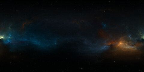 360 degree space nebula. Giant interstellar cloud with stars, equirectangular projection, environment map. Spherical panorama. 3D rendering, Fractal image