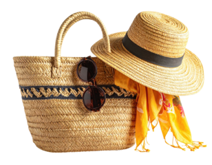 Straw bag, hat, sunglasses, and scarf, ready for summer travel
