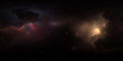 360 degree space nebula. Giant interstellar cloud with stars, equirectangular projection, environment map. Spherical panorama. 3D rendering, Fractal image