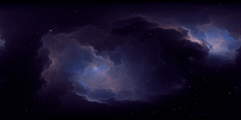 360 degree space nebula. Giant interstellar cloud with stars, equirectangular projection, environment map. Spherical panorama. 3D rendering, Fractal image