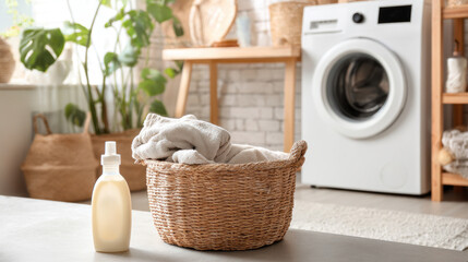 Laundry day at home with clean towels and a washing machine in a cozy space