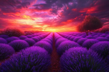 Lavender field at vibrant sunset