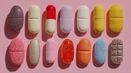 Obraz premium Various colorful pills and supplement tablets arranged in an attractive flat lay on pink background
