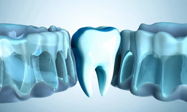 Produce a close-up video of a realistic 3D tooth model, with an X-ray scan appearing layer by layer, showing the inner anatomy of the tooth. Include clear textures for enamel and dentin