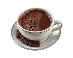 Fototapeta premium Comforting gourmet hot chocolate or coffee beverage in white cup on saucer. This warm, aromatic brown drink with beans provides relaxing and cozy feeling