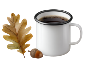 Cozy and warm hot coffee drink in white enamel mug. dry oak leaf and acorn bring rustic autumn feeling to this relaxing beverage isolated on background