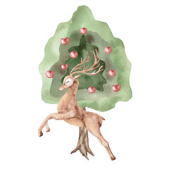 A fairytale deer against an apple tree. Isolated watercolor illustration for children's rooms, holiday decorations, and printing on fabric, clothing, and kitchen linens.