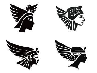 Fototapeta premium Intricate designs showcase four unique interpretations of winged figures, reminiscent of ancient cultures. Each figure features distinct headgear and facial features.