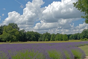 Lavender field stretches beneath a cloudy sky, bordered by trees