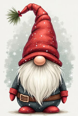 Cute Christmas Gnom with red hat and white beard, christmas card