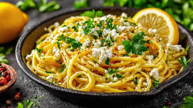 Spaghetti pasta with lemon, ricotta cheese and fresh parsley in a black pan