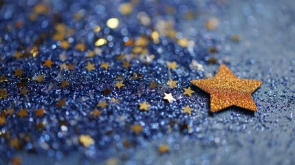 Sparkling confetti applique on dark blue glitter cardboard with shooting star and stardust effect, symbolizing dreams, celebration, and the magic of making a wish in a festive cosmic night background 