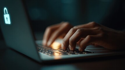 Cybersecurity awareness protecting personal data digital workspace visual content dark environment close-up view online safety