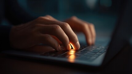 Typing on a laptop home office digital interaction evening close-up view modern work culture
