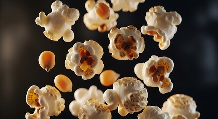 Popcorn Kernels Floating on Black Background