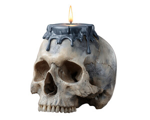 Gothic human skull with burning black candle on top, wax melting down side. This spooky, macabre object evokes dark, scary, and mysterious Halloween mood