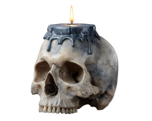 Gothic human skull with burning black candle on top, wax melting down side. This spooky, macabre object evokes dark, scary, and mysterious Halloween mood